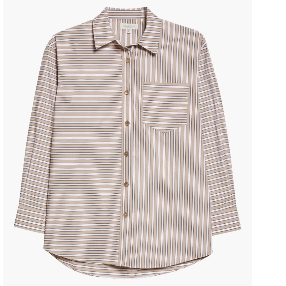 NWT Lafayette 148 New York Oversize Stripe Cotton Button-Up Shirt